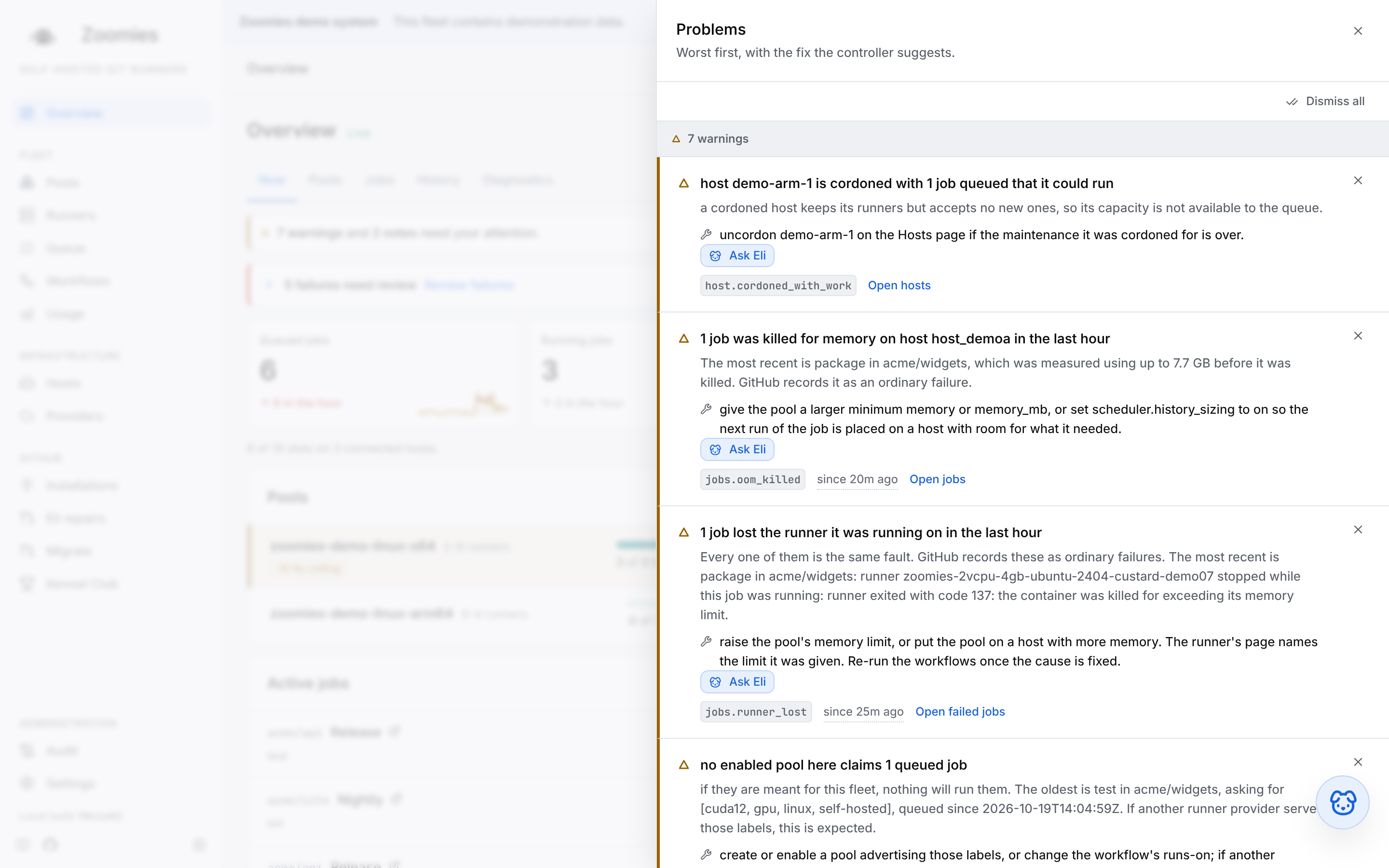 The problems drawer open over the Overview, each entry saying what is true, why it matters and what to change