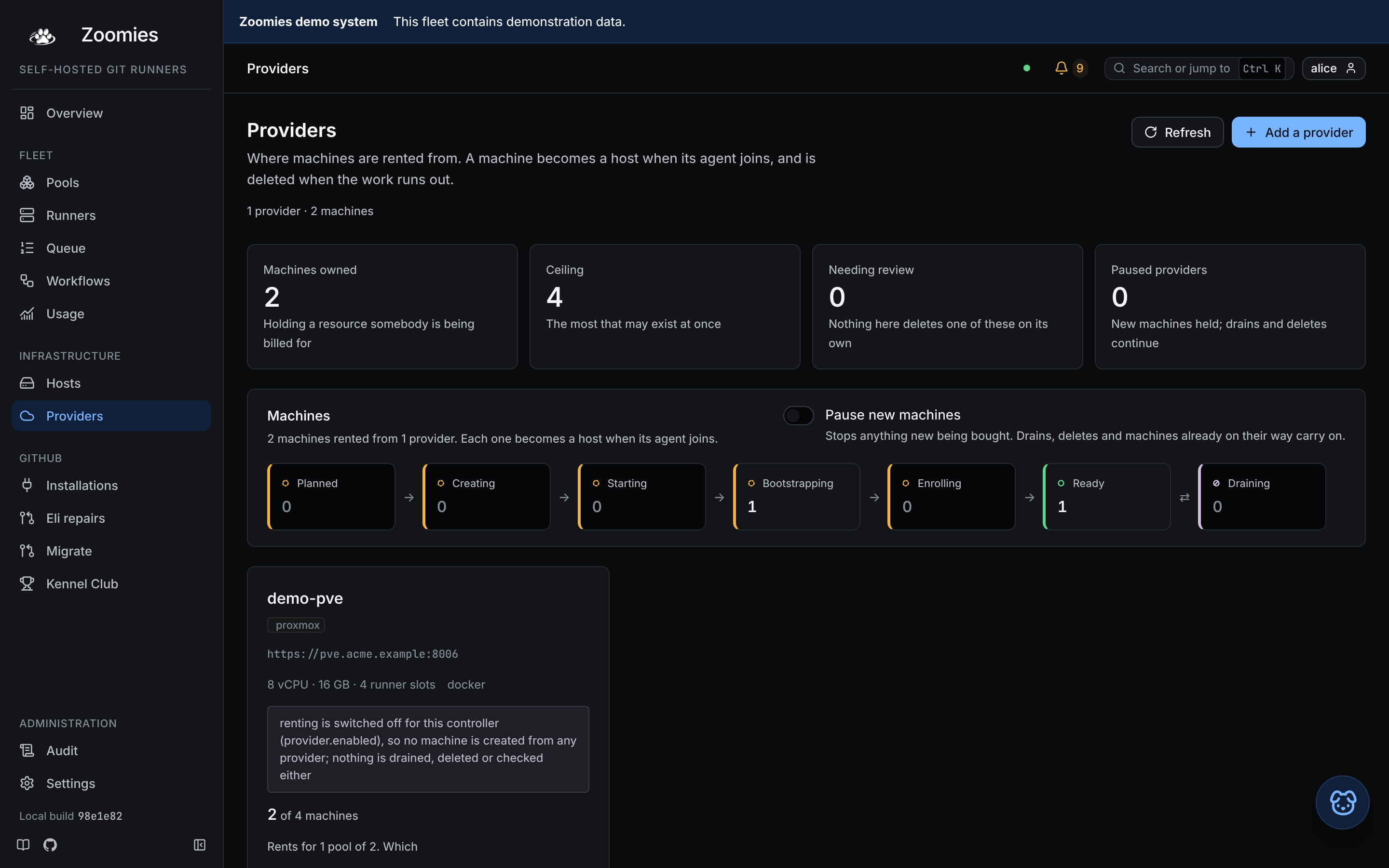The Providers page: machines owned against the ceiling that may not be passed, the lifecycle band from planned to draining with the switch that pauses new machines beside it, and the card for the one provider this fleet rents from