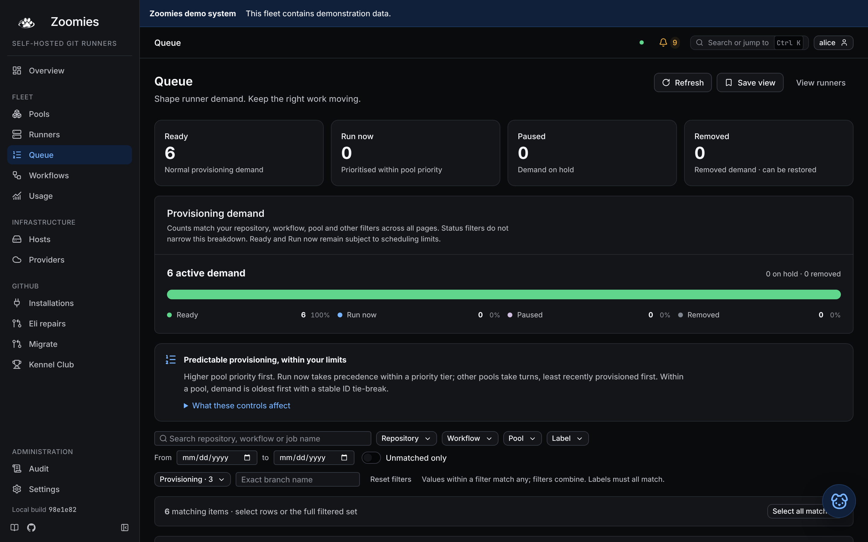 The Queue page: provisioning demand composition, status filters and bulk controls