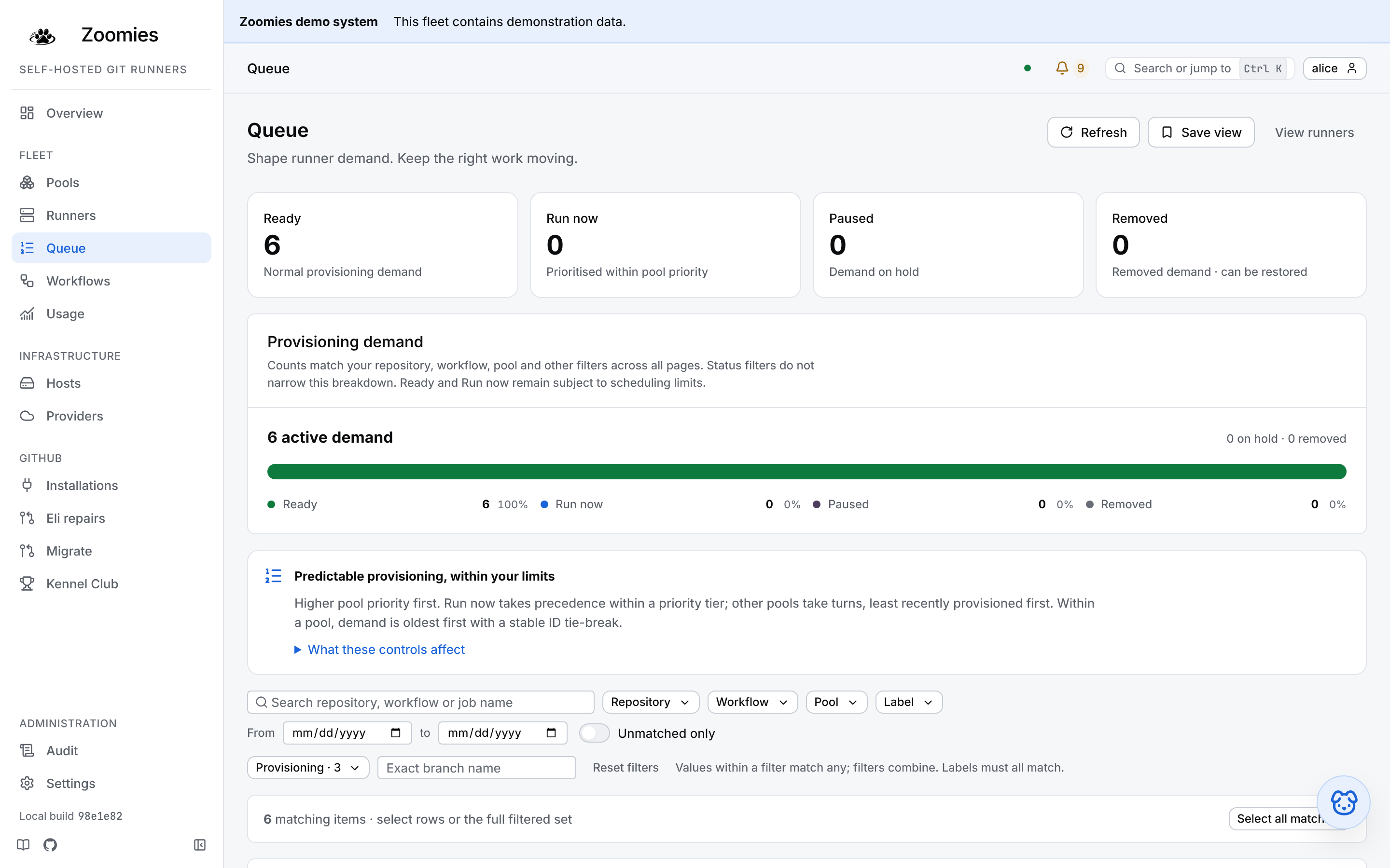 The Queue page: provisioning demand composition, status filters and bulk controls