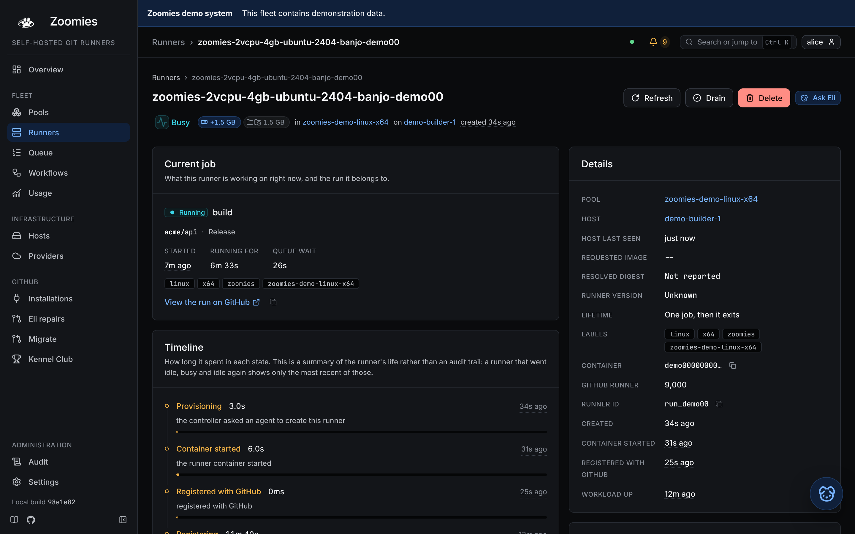 A busy runner's page: its current job, a timeline of its states, details and resource usage