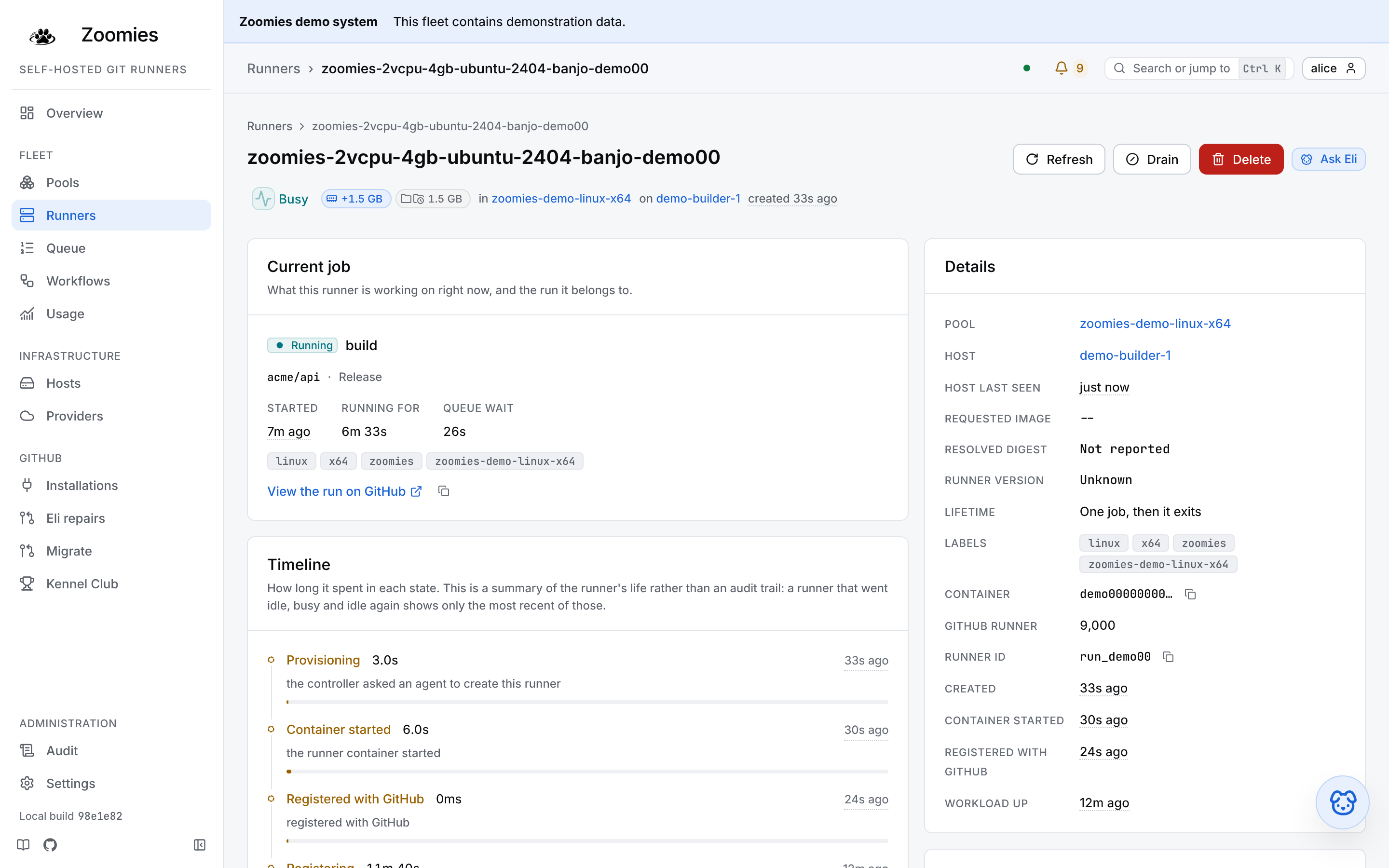 A busy runner's page: its current job, a timeline of its states, details and resource usage