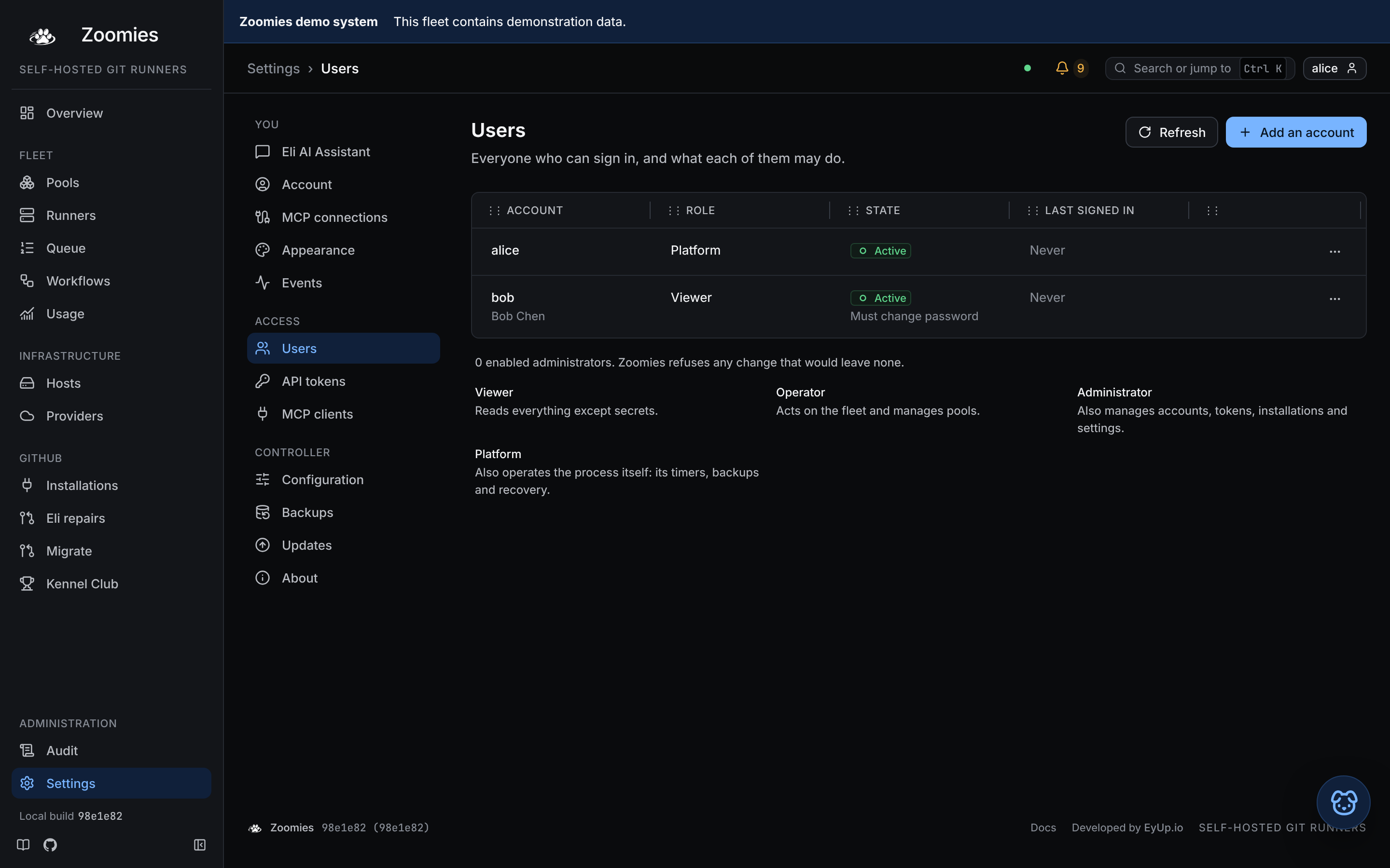 Settings: the section's rail beside the Users page, listing one administrator