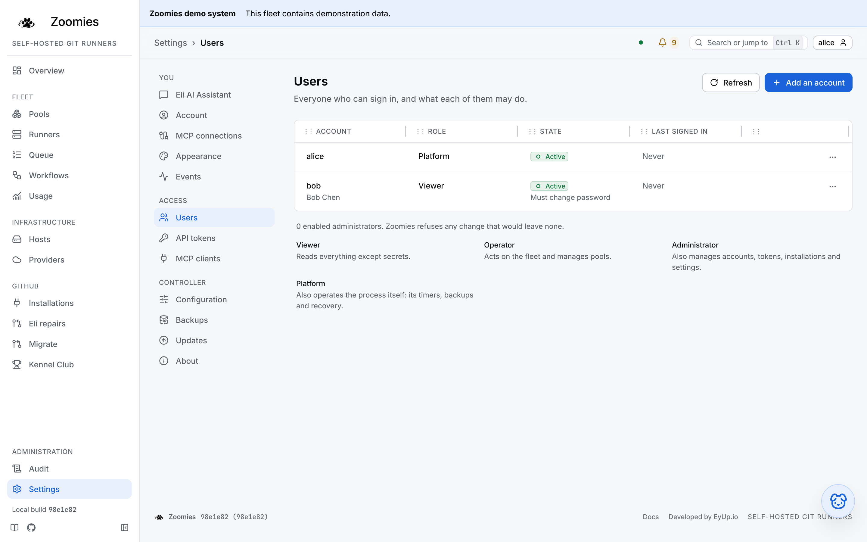 Settings: the section's rail beside the Users page, listing one administrator