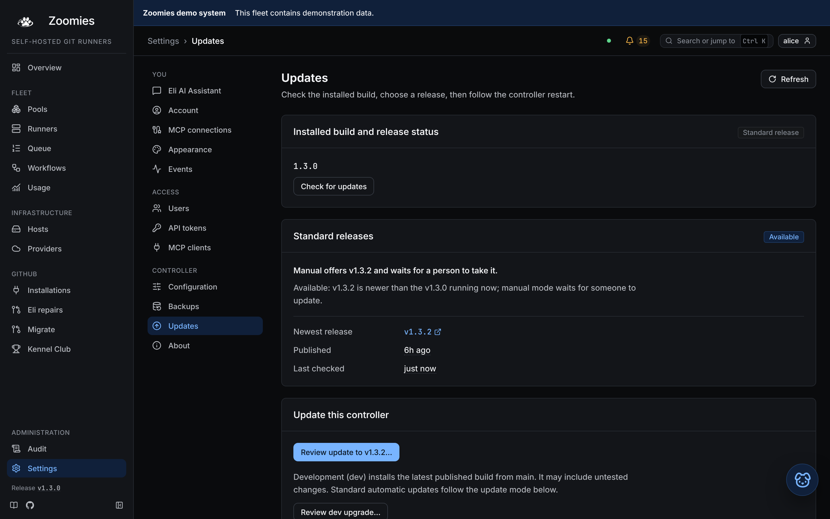 Settings → Updates: the installed standard build, Check for updates, the available standard release and its notes, and the controller update choices