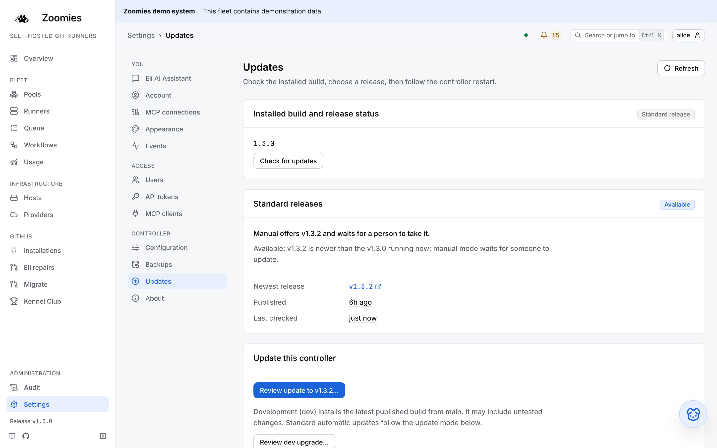 Settings → Updates: the installed standard build, Check for updates, the available standard release and its notes, and the controller update choices