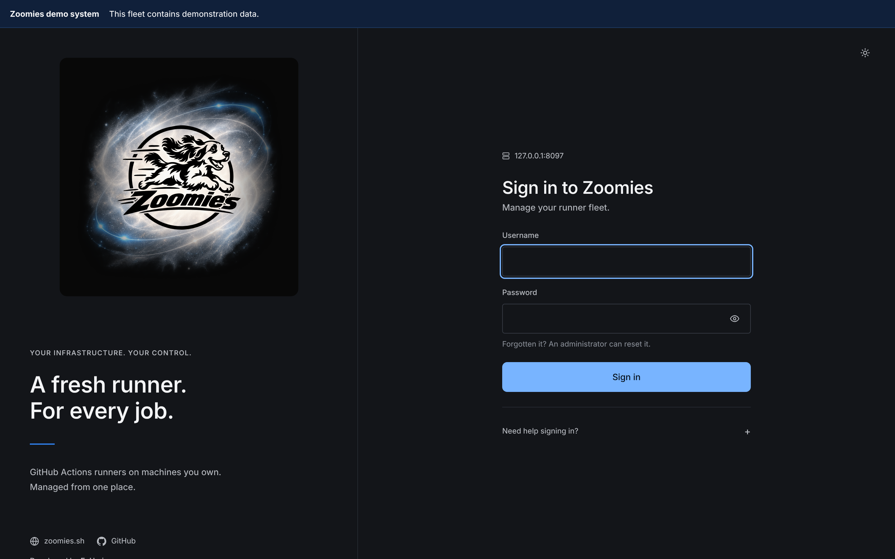 The sign-in page: the lockup on a rounded Zoomies Black stage at the top left, a short introduction and links to zoomies.sh, GitHub and EyUp.io under it; the form on the right, under the address of the instance being signed in to