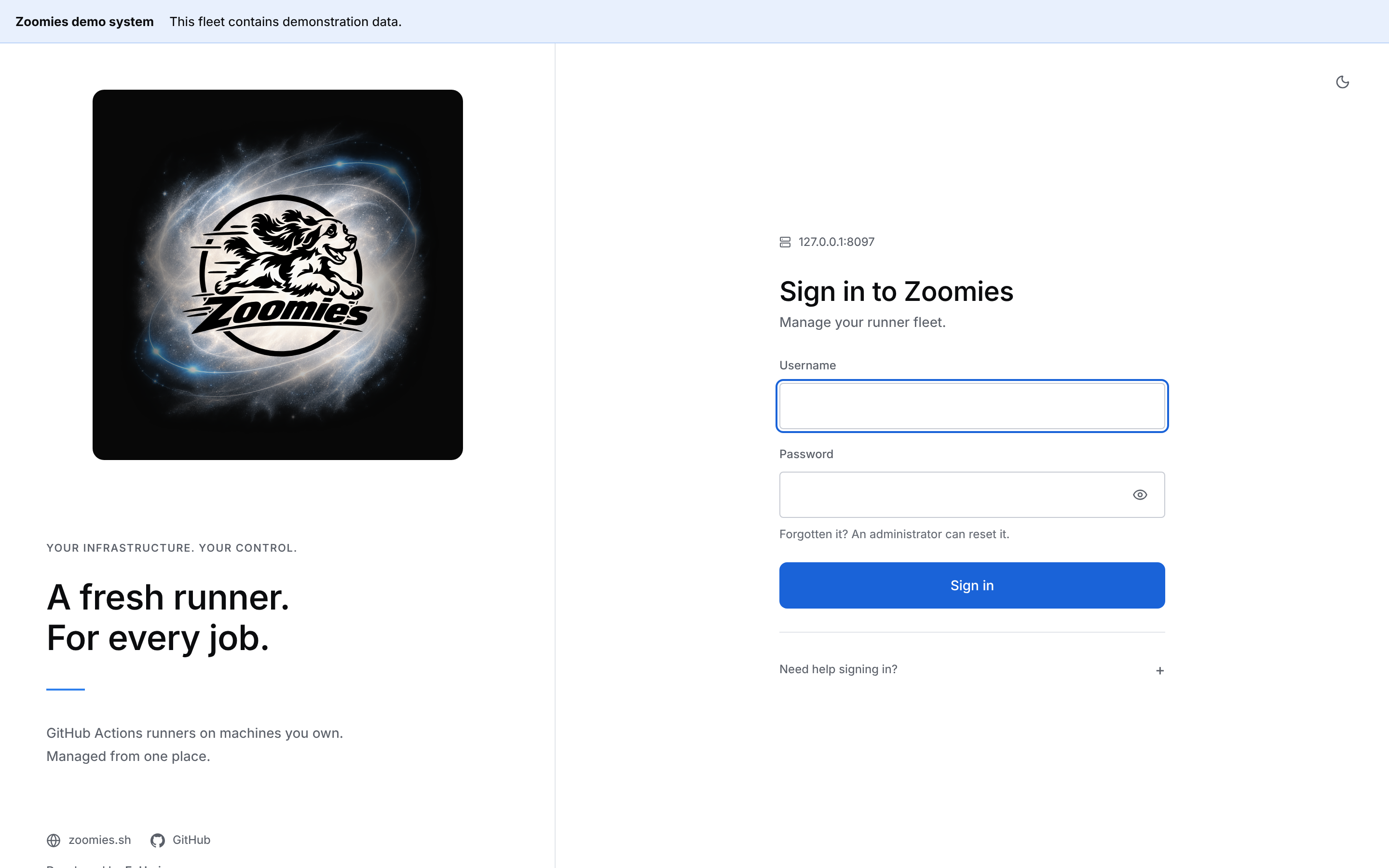 The sign-in page: the lockup on a rounded Zoomies Black stage at the top left, a short introduction and links to zoomies.sh, GitHub and EyUp.io under it; the form on the right, under the address of the instance being signed in to