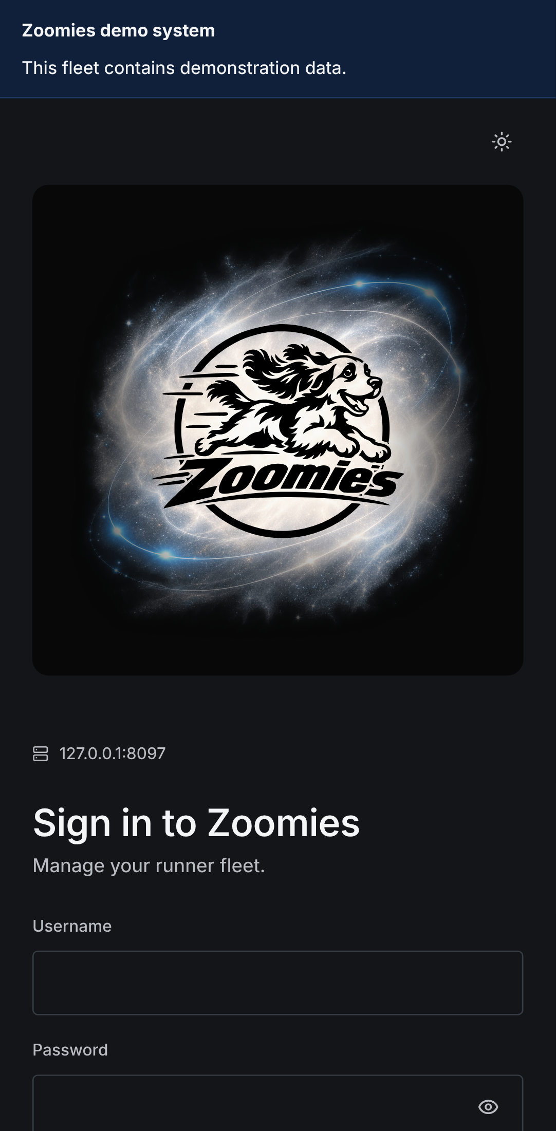 The phone sign-in page: the full Zoomies logo on its rounded black stage above the instance address and sign-in form