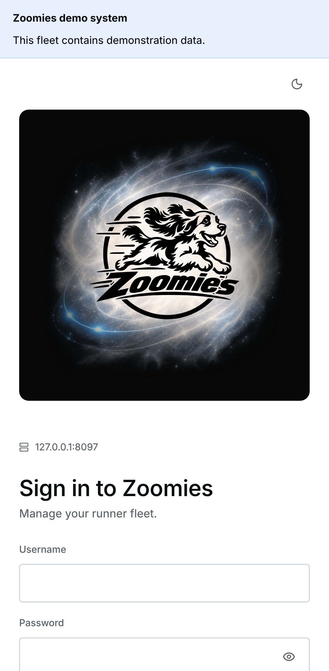 The phone sign-in page: the full Zoomies logo on its rounded black stage above the instance address and sign-in form